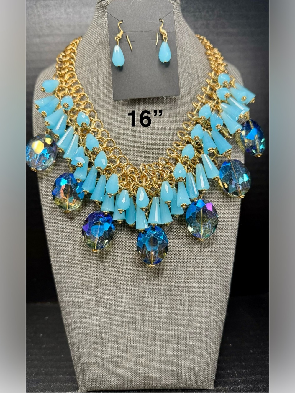 Gold Statement Necklace with Turquoise Blue Drops and Iridescent Crystal Accents